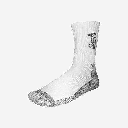 Kookaburra Airtech Cricket Socks White Crew cut sock showing grey reinforced heel and toe with Kookaburra logo on cuff
