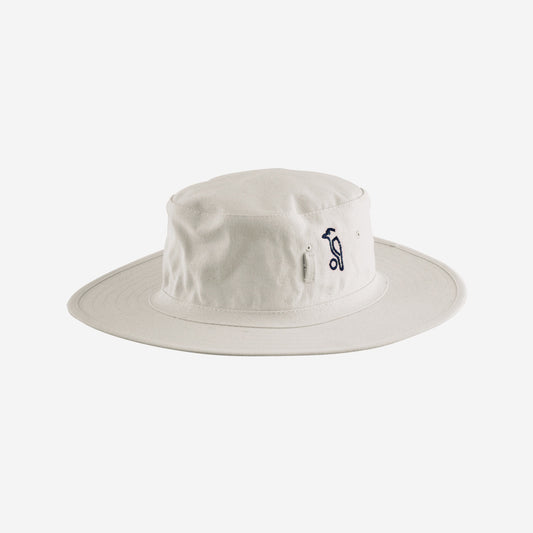 Kookaburra Wide Brim Cricket Sun Hat White - Side view showing anti-crinkle broad brim and embroidered Kookaburra logo