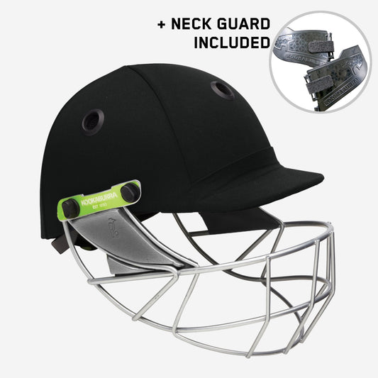 Kookaburra Pro 600 Cricket Helmet Black - Side view with steel faceguard and neck guard included