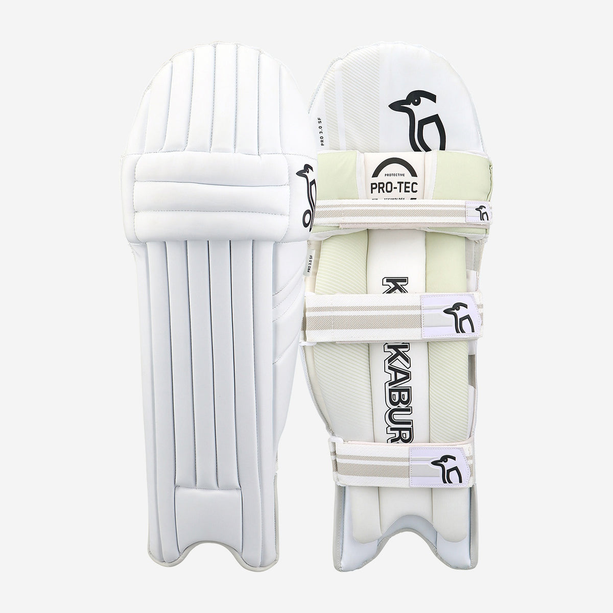 Kookaburra Pro 3.0 slim fit cricket batting pads with padded knee rolls and fastening straps.