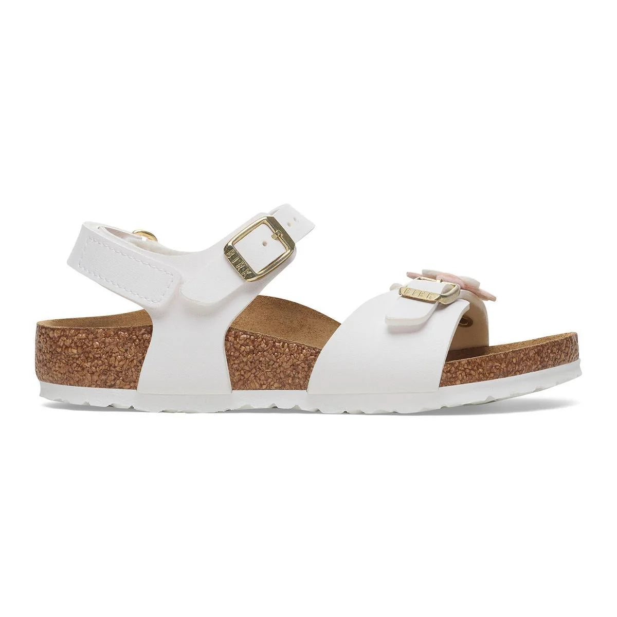 A white leather double-strap sandal with a cork midsole and adjustable buckles, shown in a side profile on a white background.