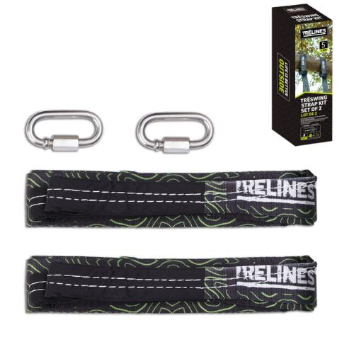 Two black and green patterned fire line straps with white stitching and silver carabiners, shown next to their retail packaging box on a white background.