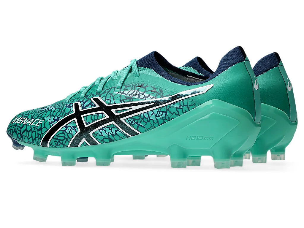 Alt text:

Three-quarter profile view of a pair of ASICS Menace 5 boots in Aurora Green, highlighting the side logo, dark blue crackle pattern, sock-like ankle collar, and HG10mm heel counter.
