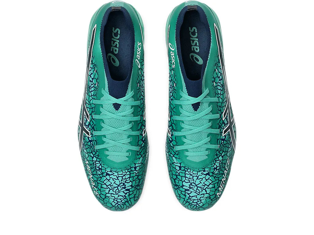 Top-down view of a pair of ASICS Menace 5 boots in Aurora Green with dark blue crackle detailing, showing matching green laces, inner sock collars, and dark navy insoles with green ASICS branding.