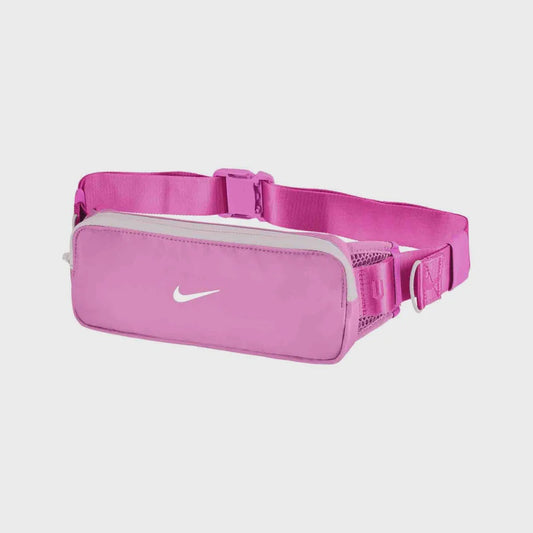 A pink Nike running belt with a front zippered pouch and a white swoosh logo, shown on a light gray background.