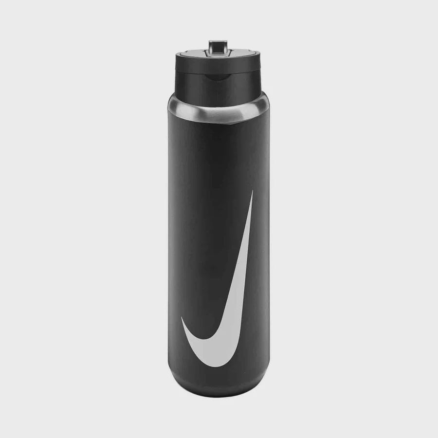 Black Nike Recharge 24oz stainless steel water bottle with straw lid and large white Swoosh on the front.