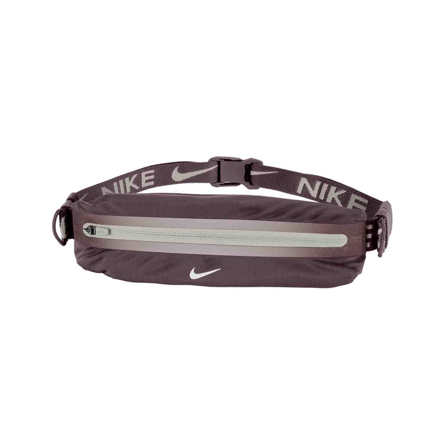 A Nike running waist bag in dark brown with a reflective silver zipper and white Nike branding on the strap and front pocket.