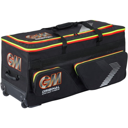 A black Gunn & Moore Rival Original Easi-Load Wheelie Cricket Bag with red, green, and yellow trim, featuring bright GM logos on the side and end pocket, all-terrain wheels, and structured carry handles.