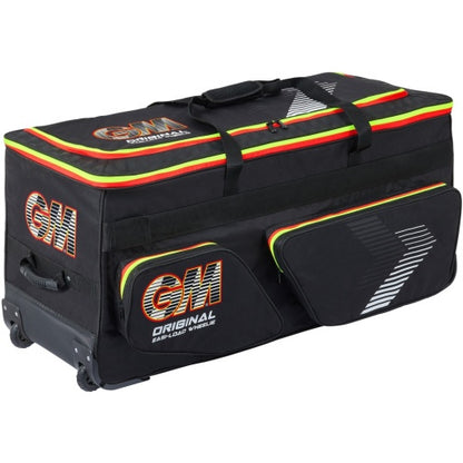 A black Gunn & Moore Rival Original Easi-Load Wheelie Cricket Bag with red, green, and yellow trim, featuring bright GM logos on the side and end pocket, all-terrain wheels, and structured carry handles.