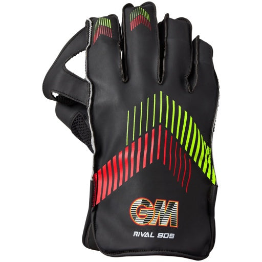 Gunn & Moore Rival 909 Wicketkeeping Glove in black with red and yellow striped graphics and GM logo.