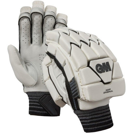 Pair of white Gunn & Moore Noir Original cricket batting gloves with black trim and GM logo.