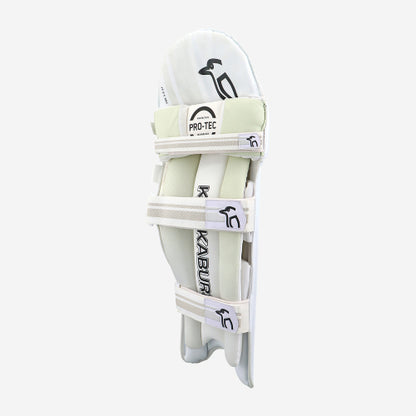 Kookaburra Pro 3.0 slim fit cricket batting pads with padded knee rolls and fastening straps. Angle View