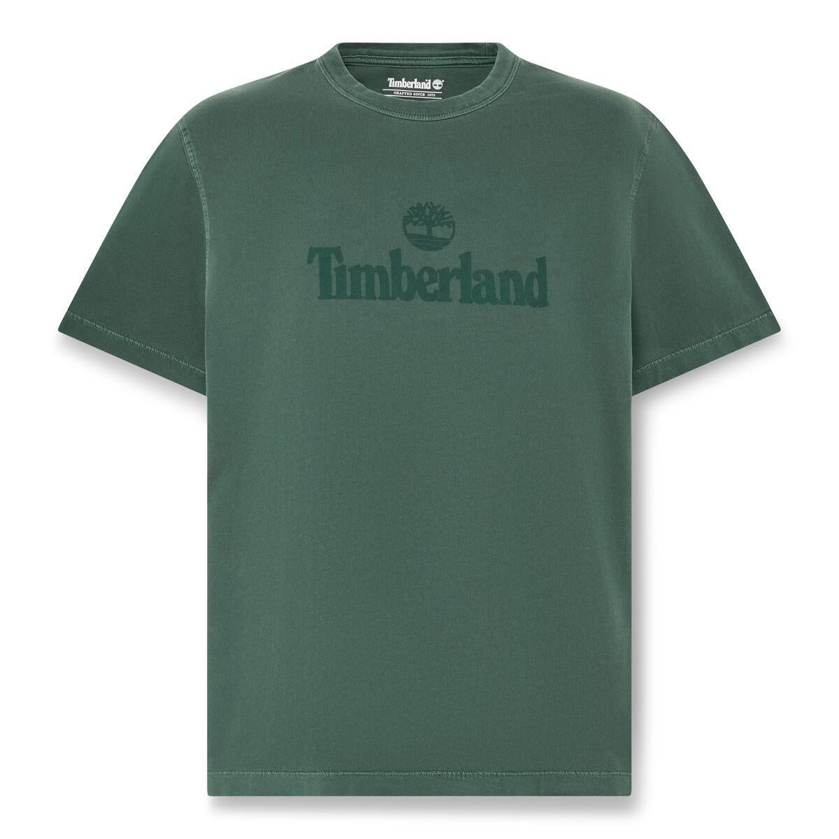 Green t-shirt with Timberland logo on a white background