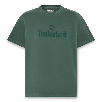 Green t-shirt with Timberland logo on a white background