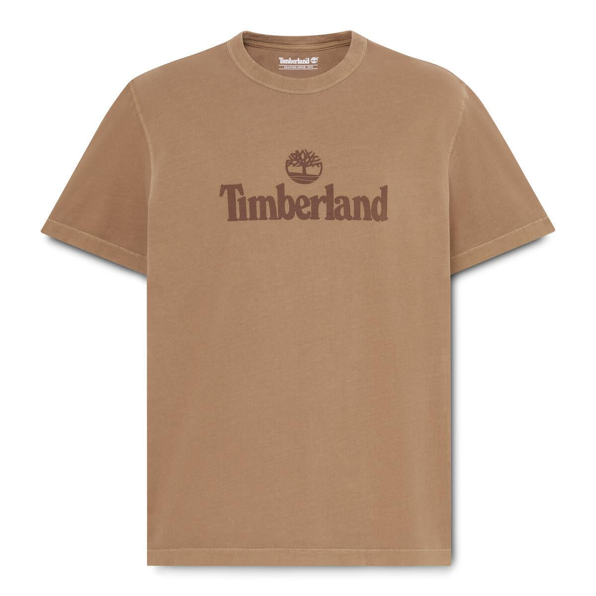 A brown short-sleeve crewneck t-shirt with a dark brown Timberland logo printed on the chest, displayed on a clean white background.