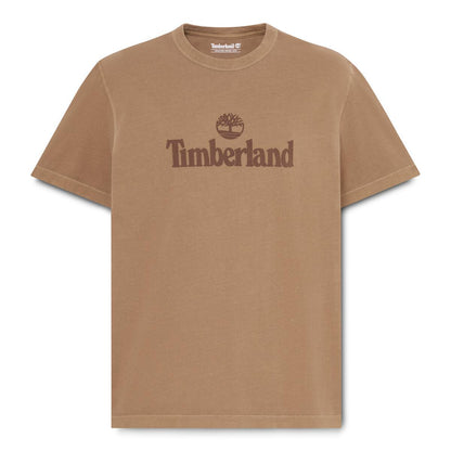 A brown short-sleeve crewneck t-shirt with a dark brown Timberland logo printed on the chest, displayed on a clean white background.