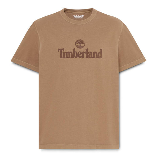 A brown short-sleeve crewneck t-shirt with a dark brown Timberland logo printed on the chest, displayed on a clean white background.