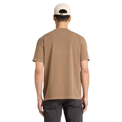 A back view of a brown short-sleeve crewneck t-shirt with a dark brown Timberland logo printed on the chest.