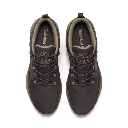 A pair of Timberland mid-height lace-up boots shown from a top-down view on a light gray background.
