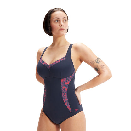 Speedo Womens Visually Shape Body One Piece -True Navy/Berry Cool/Tuscan Bloom