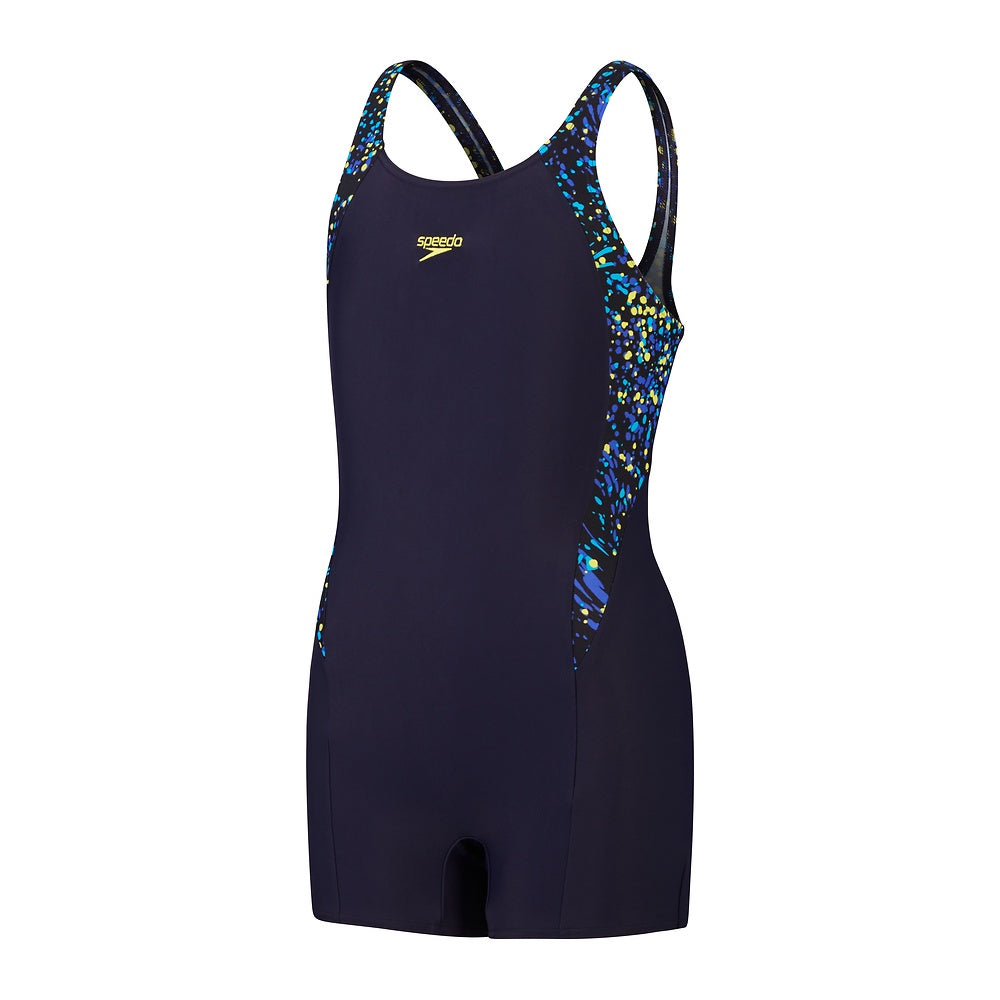 Speedo Girls Printed Leaderback Legsuit - Black/Cobalt Pop/Bolt/Lemon Drizzle