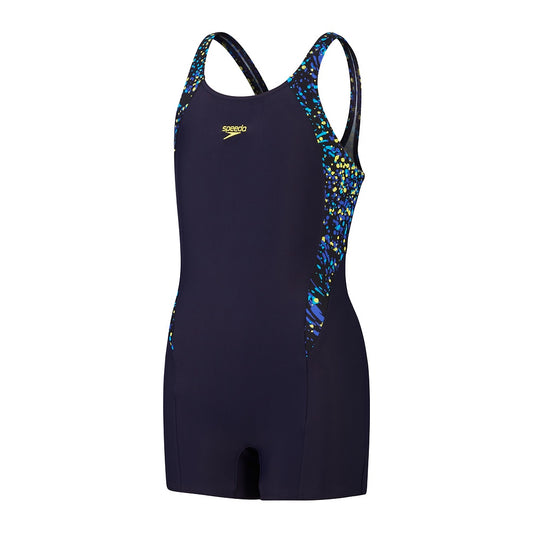 Speedo Girls Printed Leaderback Legsuit - Black/Cobalt Pop/Bolt/Lemon Drizzle