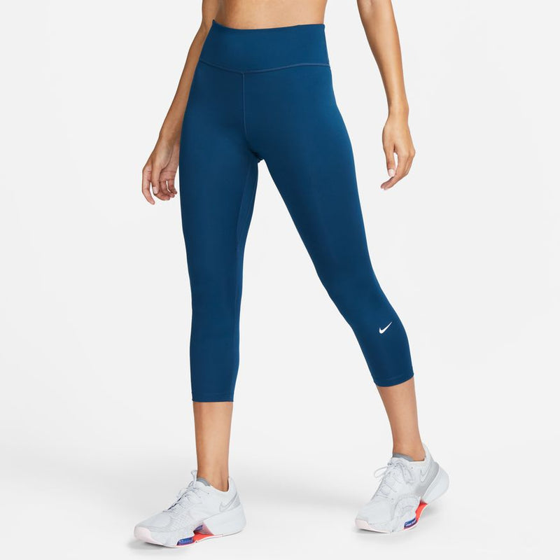 Nike One Women's Mid-Rise 7/8 Graphic Training Leggings, Midnight Navy/ Football Grey, L 