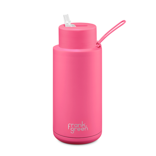 Frank Green 34oz Stainless Steel Ceramic Reusable Bottle  Neon Pink with Straw Lid