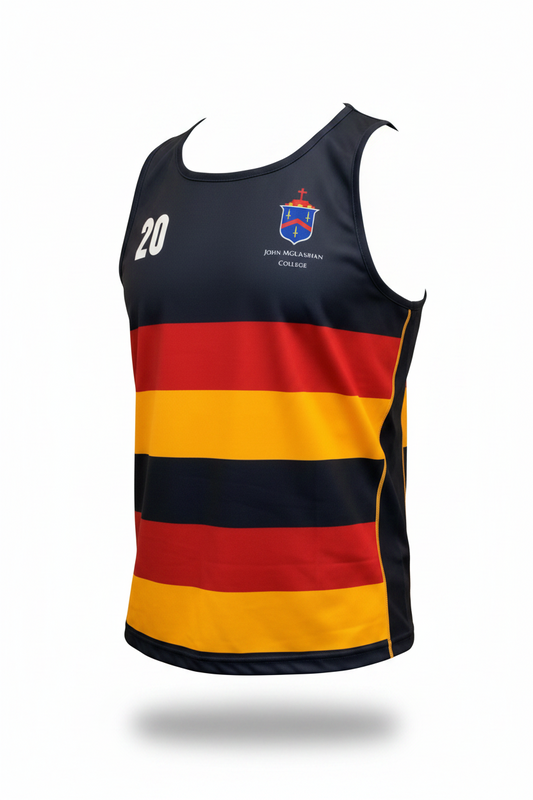 A sports singlet with horizontal red and yellow stripes and a blue central panel. The singlet features the number 20 and the John McGlashan College logo.