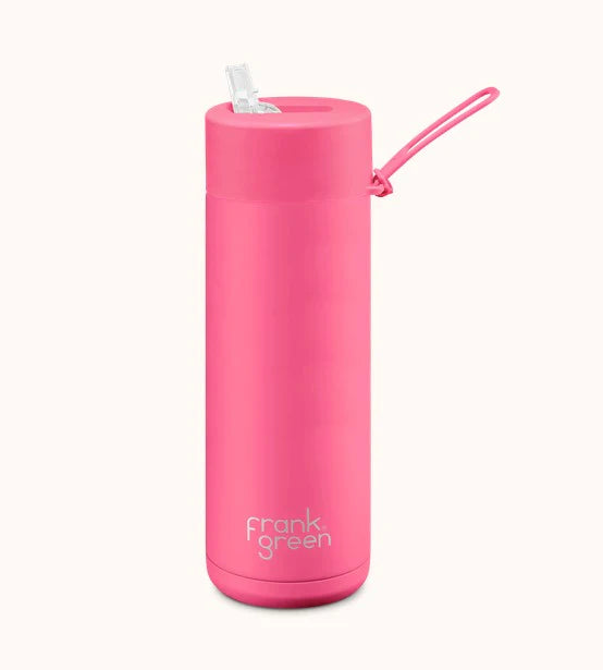 Frank Green 20oz Stainless Steel Ceramic Reusable Bottle Neon Pink with Straw Lid
